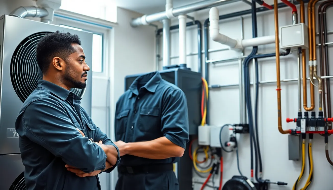 Technician in modern utility room inspecting HVAC unit.