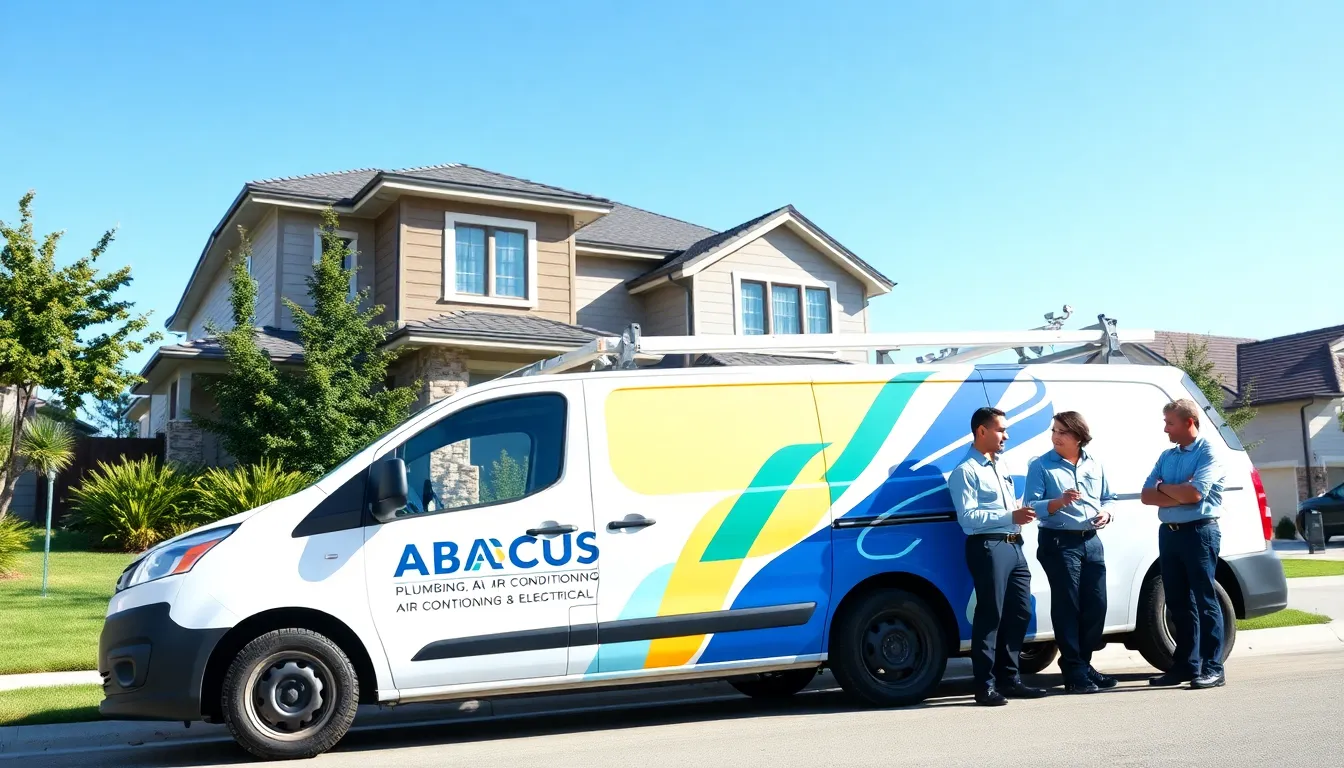 Abacus service van with technicians collaborating outside a modern home.